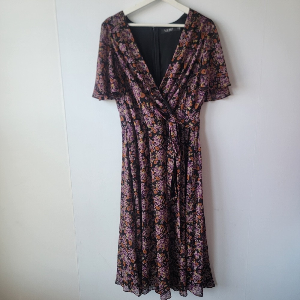 Lauren ralph lauren women's floral midi wrap dress size 8 V-neck short flutter